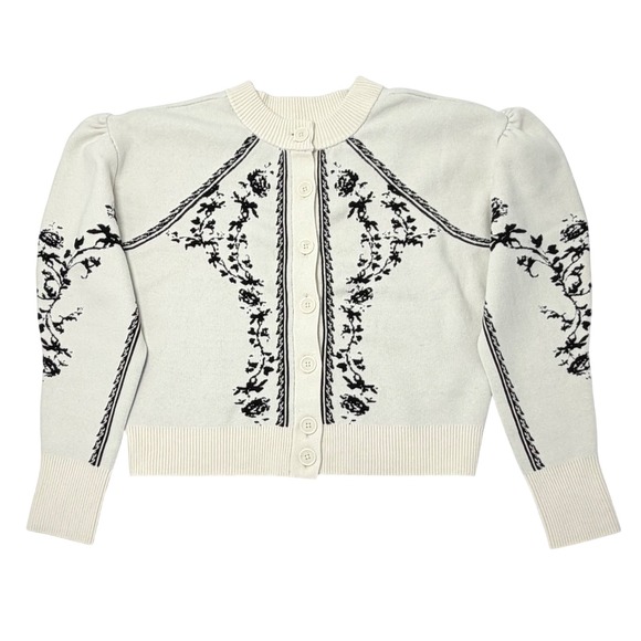 NWT Anthropologie Puff-Sleeve Cardigan Sweater Ivory Black Floral XS $148 Crop - Picture 4 of 9